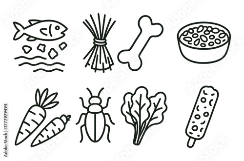 Outlined food icons: fish, bone, carrots, insect, lettuce, popsicle on green background