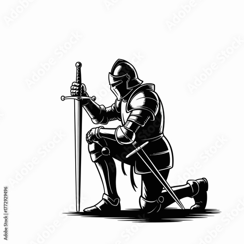 Knight in full armor kneeling with sword and shield