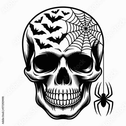 Creepy halloween skull with bats spiderweb and spider