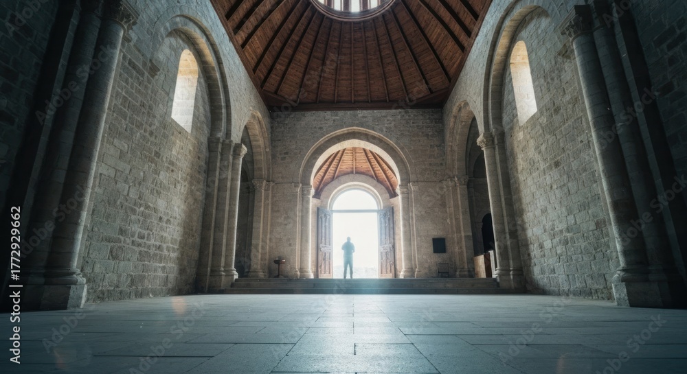 Fototapeta premium Ancient stone hall with vaulted ceiling, figure silhouetted in bright doorway