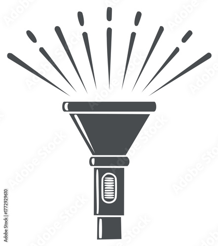 Classic flashlight illustration emitting bright light rays, portable hand held illumination device