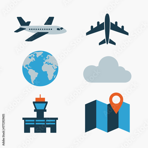 Set of flat design icons representing air travel and navigation