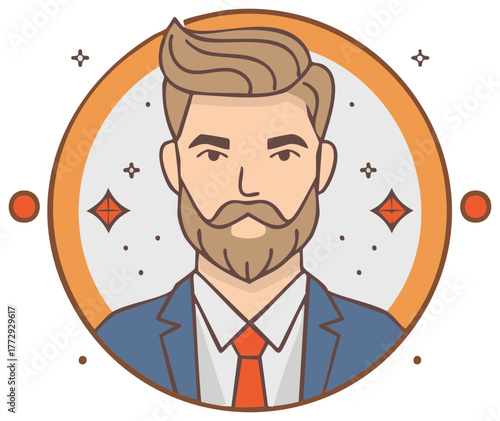 Stylish man with a beard wearing a suit and tie in a circular frame with decorative elements