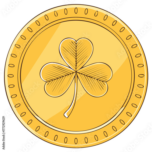 Golden coin with a shamrock clover symbol, representing luck and Irish tradition