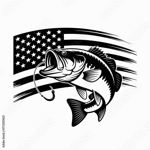 Largemouth bass fishing with american flag background illustration