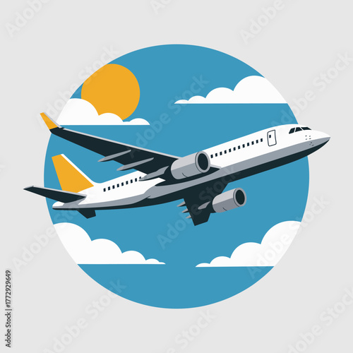 Commercial airplane flying through blue sky with clouds and sun