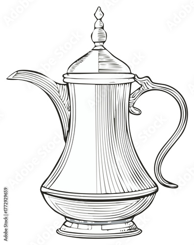 Intricate Etched Dallah Coffee Pot with Elegant Spout and Handle