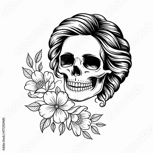 Artistic skull with flowers and flowing hair black and white illustration