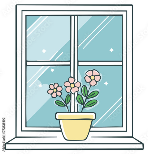 Sweet cheerful potted pink flowers on a bright window sill with sparkling glass