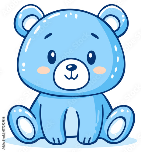 Cute blue cartoon teddy bear sitting and looking forward, baby illustration.