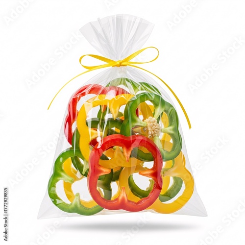 A clear bag filled with sliced colorful bell peppers tied with a yellow ribbon on a white background