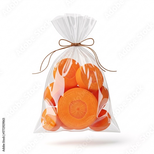A clear plastic bag filled with bright orange fruit tied with a brown string on a white background
