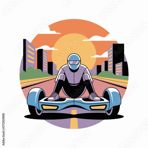 Futuristic person riding a hoverboard through a city at sunset