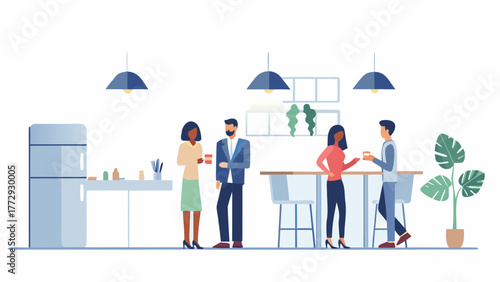 Diverse group of colleagues enjoying a coffee break in a modern office breakroom with plants and minimalist decor