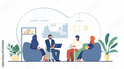 Diverse group of professionals in a modern office setting discussing ideas and collaborating on a project with a laptop and whiteboard