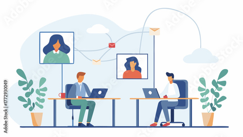 Diverse team collaborating remotely through digital communication and virtual connections in a modern office environment