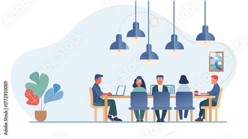 Diverse group of professionals collaborating around a conference table with laptops and coffee in a modern office setting