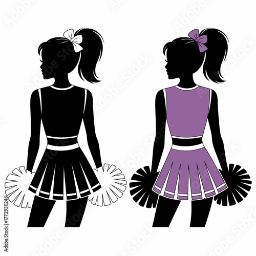 Two cheerleaders silhouettes with pom poms and ponytails