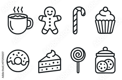 Festive holiday treats icons: cupcake, gingerbread, candy, and more