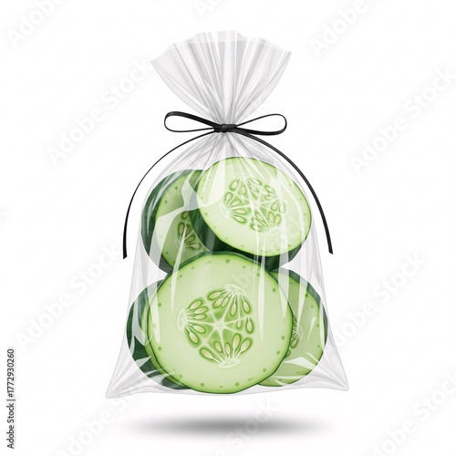 Sliced cucumbers in a clear plastic bag tied with a black ribbon on a white background studio shot