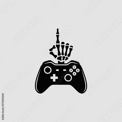 Skeleton hand giving middle finger on video game controller
