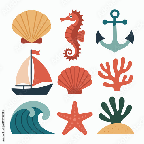 Nautical and ocean life icons set with seashells seahorse boat anchor and wave