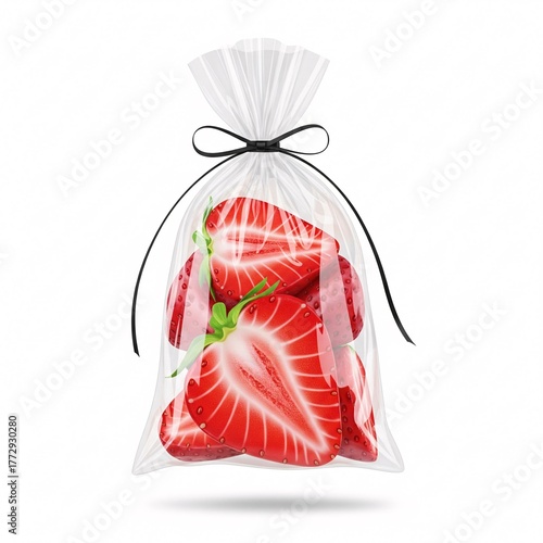 Strawberries in a clear plastic bag tied with a black ribbon on a white background close up view