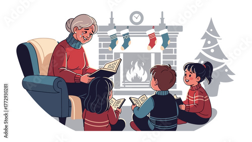 Cozy Christmas Storytime: A grandmother reads to her grandchildren in front of a fireplace decorated for Christmas, creating a warm, magical atmosphere. 