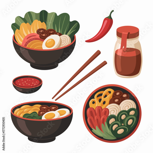 Delicious asian noodle soup ramen and ingredients illustration