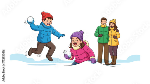 Snowball Fight: Capture a playful family moment filled with joy and laughter as children engage in a winter snowball fight, while the parents watch in delight and embrace the fun.