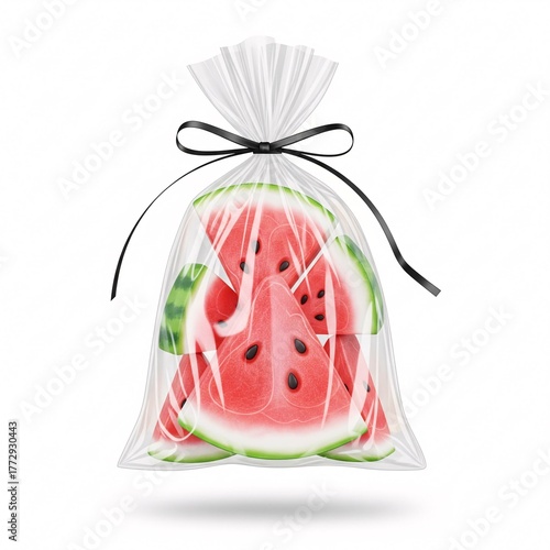 Watermelon slices in a clear plastic bag tied with a black ribbon on a white background studio shot