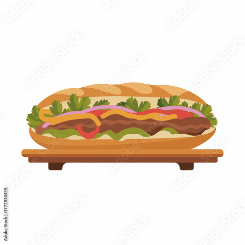 Delicious long sandwich with fresh ingredients on a wooden board