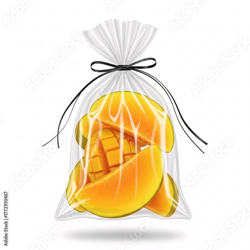 Mango slices in a clear plastic bag tied with a black ribbon on a white background illustration