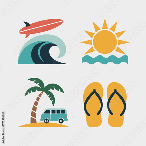Collection of summer vacation icons including surfboard wave sun and flip flops