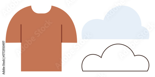 Brown T-shirt silhouette next to outlined and solid cloud shapes. Ideal for fashion, weather, minimal design, simplicity, concept art, branding visuals, and metaphors for ideas. Simple flat metaphor