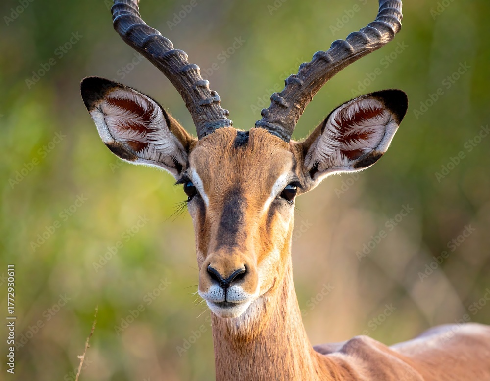 Fototapeta premium Close-up of an impala, showcasing its face, large curved horns, and detailed eyes