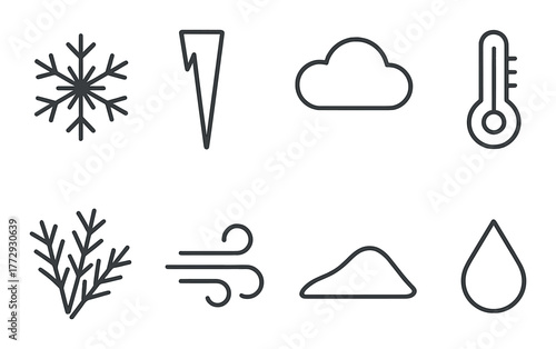 Monochrome weather icons: snowflake, lightning, cloud, thermometer, fog, wind, mountains, raindrop