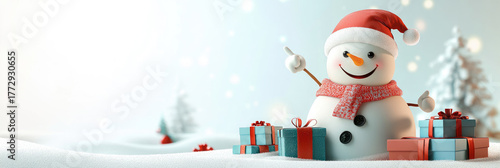 funny cheerful snowman in santa hat Christmas character with surprise face pointing finger to the side, 3d illustration, playful holiday pose, isolated on white background with copy space