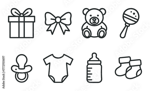Baby shower icons: bear, bottle, rattle, pacifier, onesie, socks, bow, gift box
