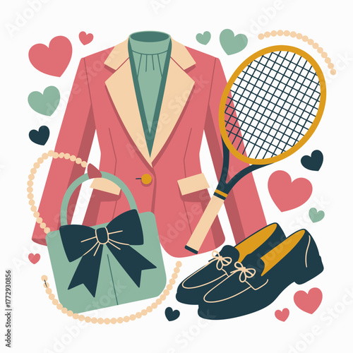 Stylish outfit and tennis racket with hearts for fashion and sport