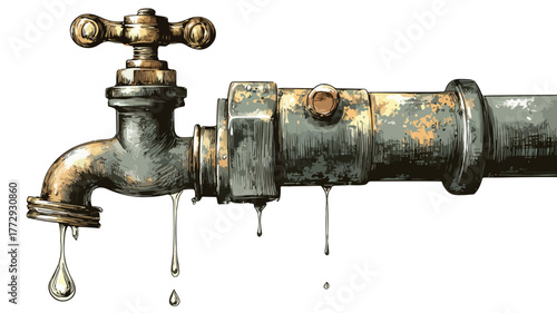 Leaking Water Pipe and Damaged Dripping Fitting Vector Illustration