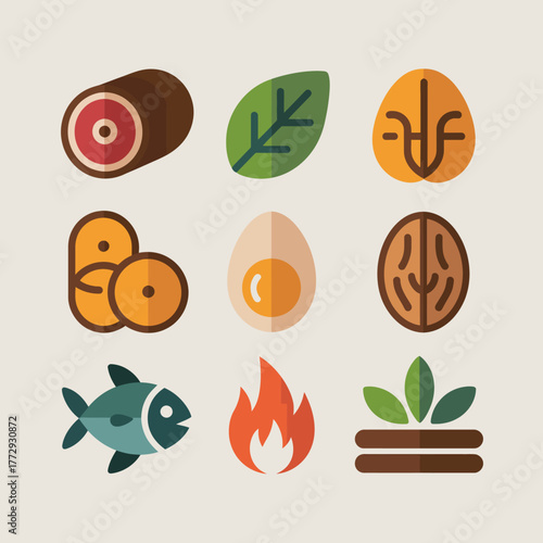 Flat design icons representing food and nutrition