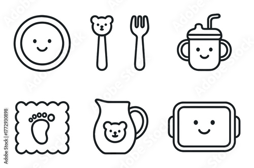 Cute baby icon set with dishes, cutlery, and cup in adorable style