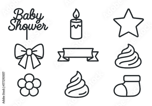 Baby shower icons collection: candle, bow, sock, flower, star, banner, decoration