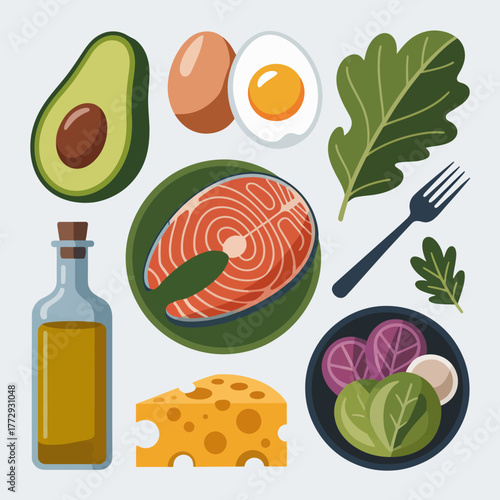 Healthy keto diet food ingredients including salmon avocado eggs and cheese