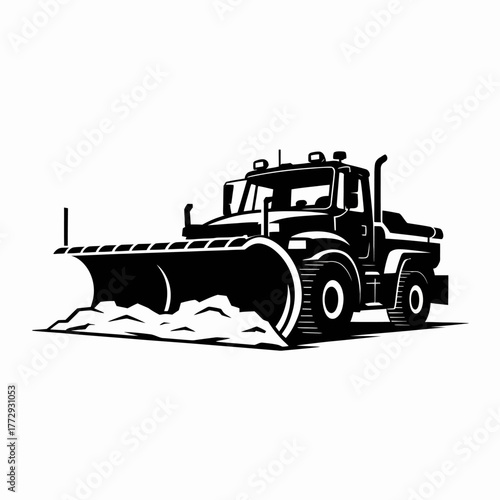 Black and white illustration of a snow plow truck clearing snow
