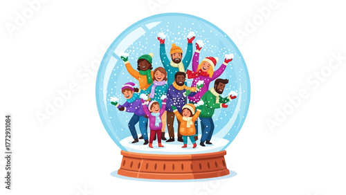Snow Globe Fun: A joyful group of diverse children are captured inside a snow globe, playfully tossing snowballs and embracing the cheerful spirit of winter. 