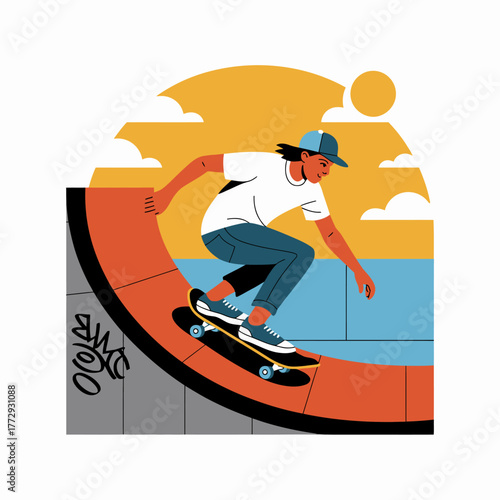 Young person skateboarding down a ramp at sunset with stylized background