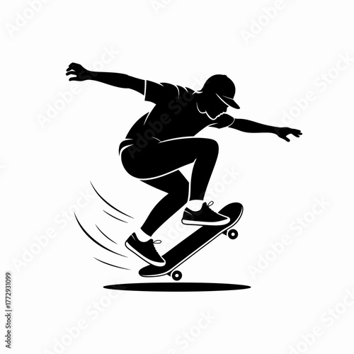 Silhouette of a skateboarder performing a trick against a white background