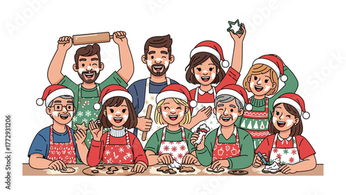 Festive Family Baking: A joyful gathering of diverse family members joyfully participating in the tradition of making cookies for Christmas, symbolizing togetherness and shared happiness.
